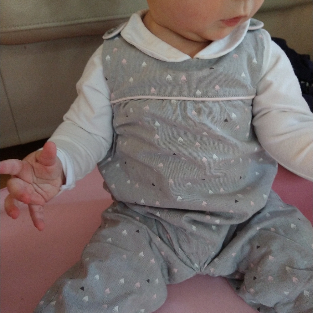 6m Obaibi 2 pc gray pink overall and white Peter Pan collar onesie